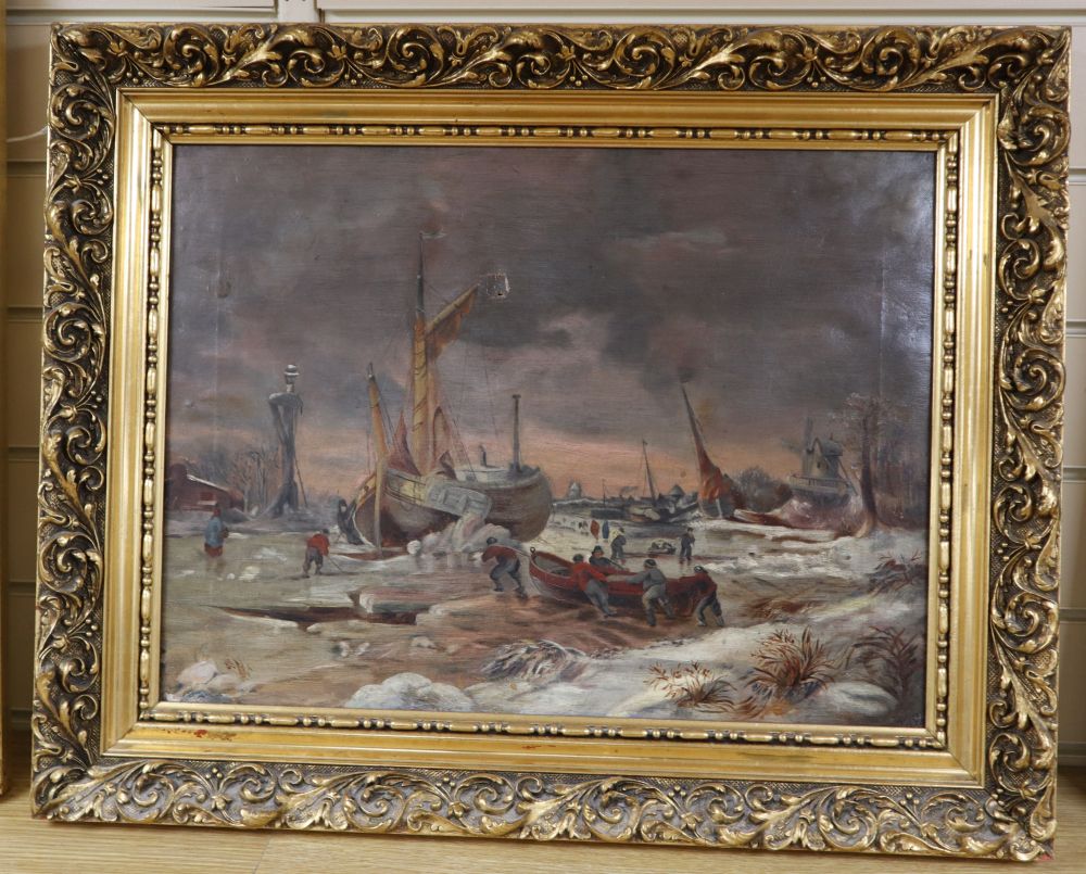 19th century English School, oil on canvas, Estuary scene in winter, 37 x 49cm